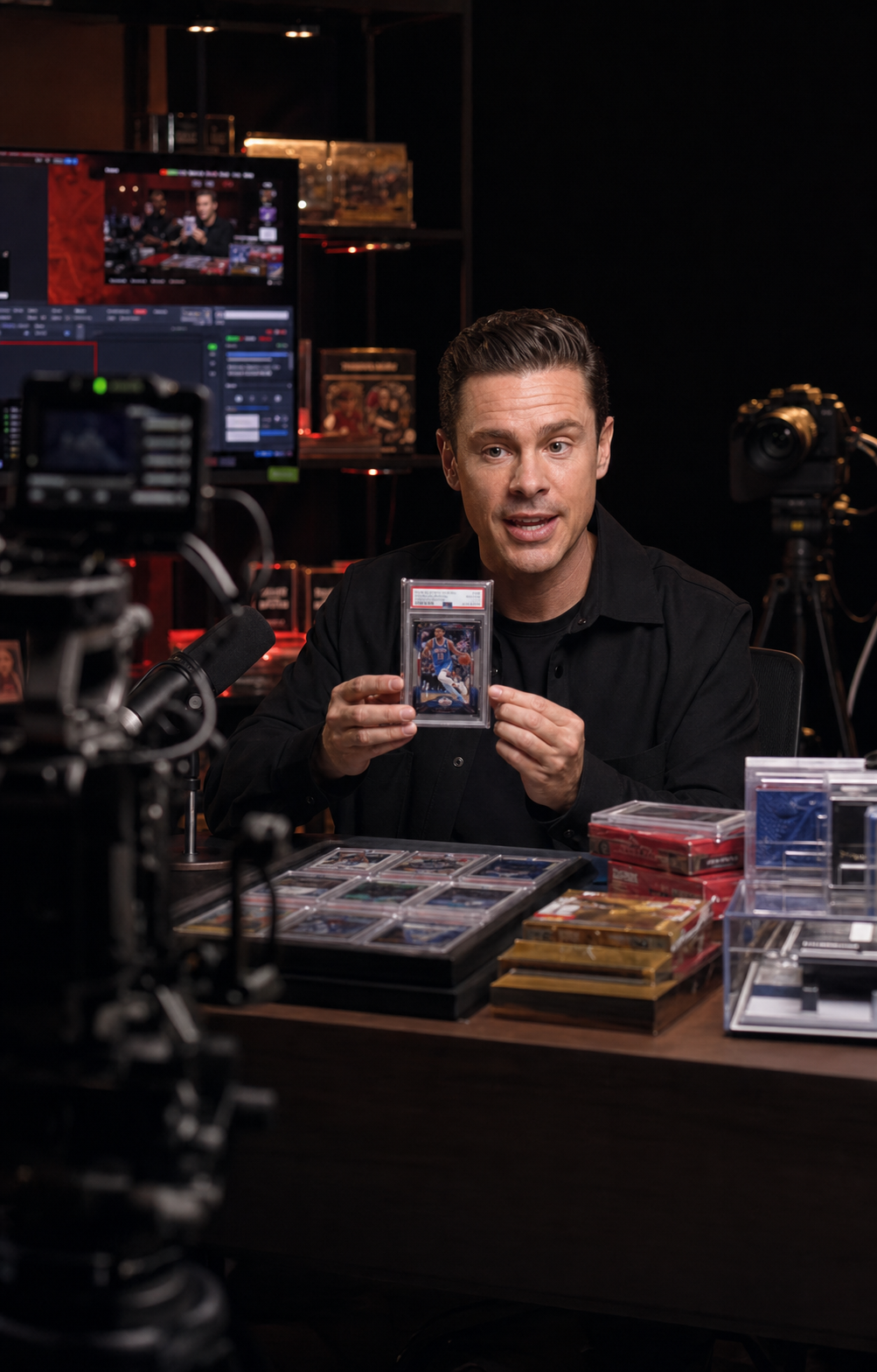 A professional host presenting a graded card during a live broadcast